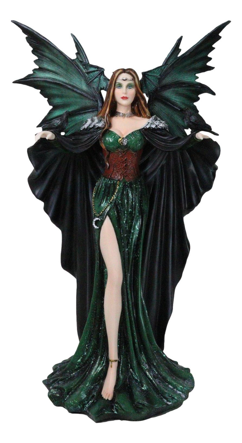 Large Gothic Dragon Fairy Queen In Long Green Robe With Ravens Statue 17"H
