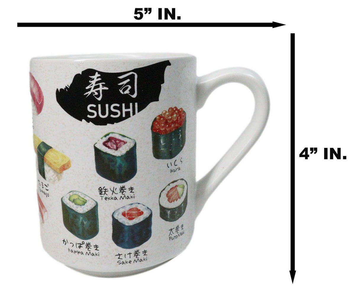Set Of 2 Japanese Cuisine Sushi Sashimi And Rolls Textured Ceramic Mug Cups 11oz