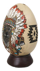 Tribal Indian Chief Wolf With Headdress Roach Egg Shaped Money Bank Figurine