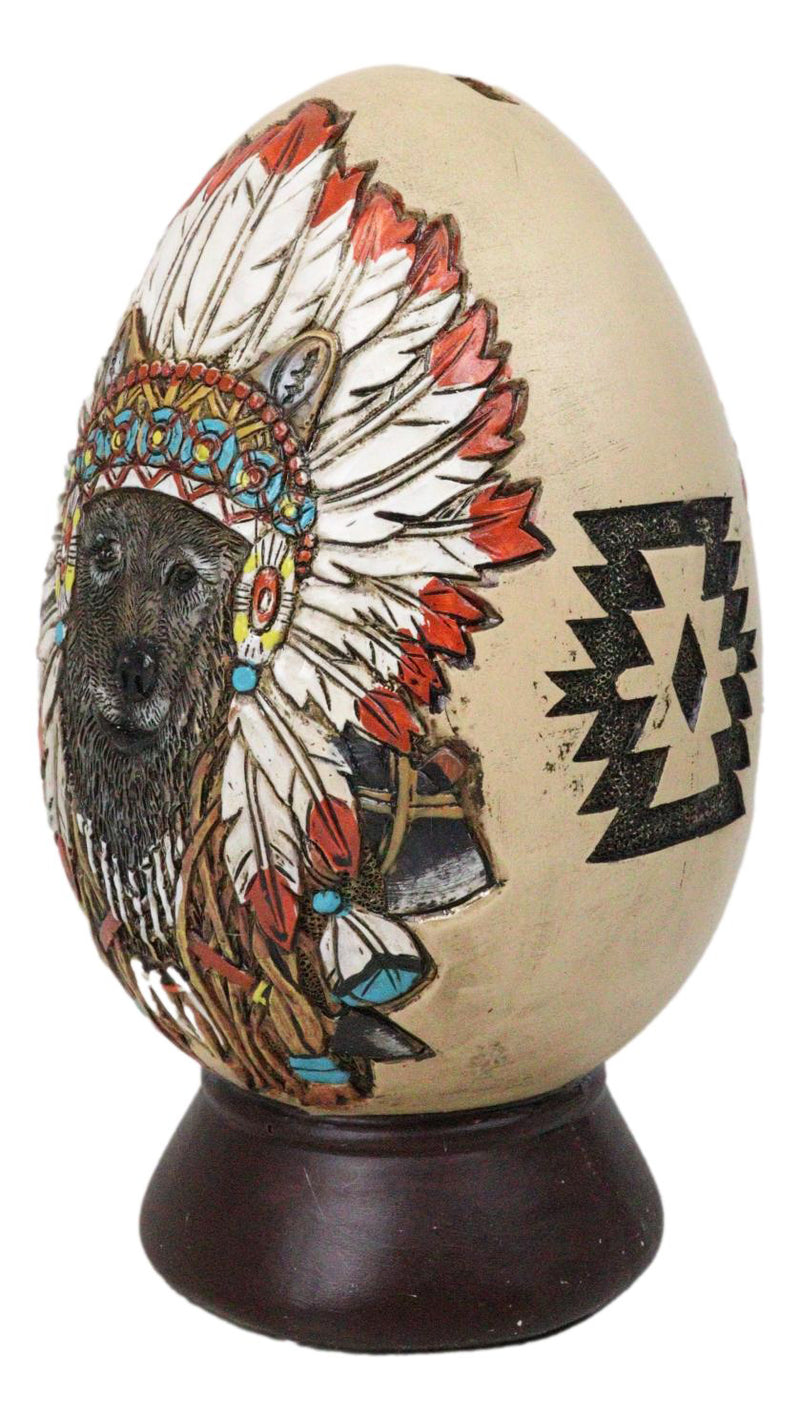 Tribal Indian Chief Wolf With Headdress Roach Egg Shaped Money Bank Figurine