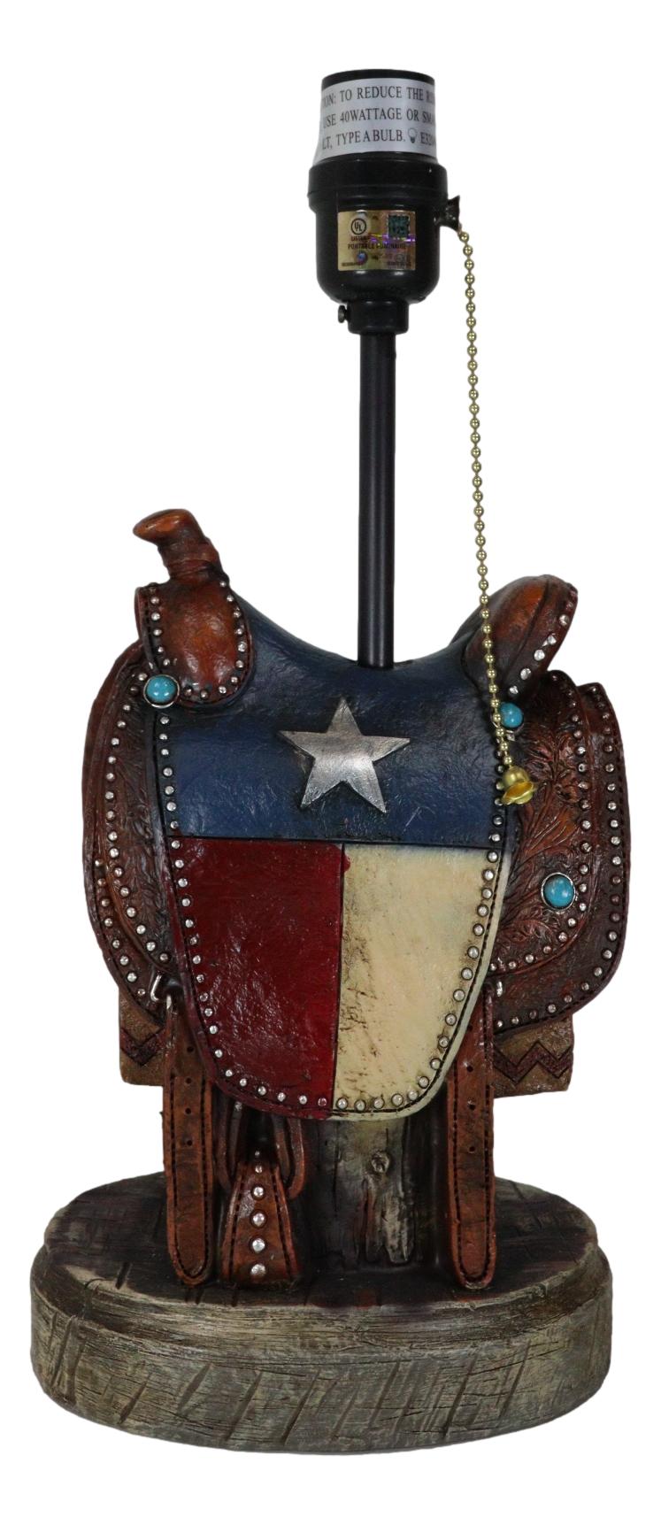 Western Cowboy Faux Tooled Leather Texas State Flag Horse Saddle Table Lamp