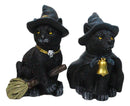 Set of 4 Halloween Black Cats With Witch Hats Broom Pentagram Mini Figurines