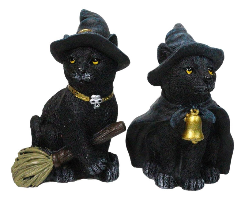 Set of 4 Halloween Black Cats With Witch Hats Broom Pentagram Mini Figurines