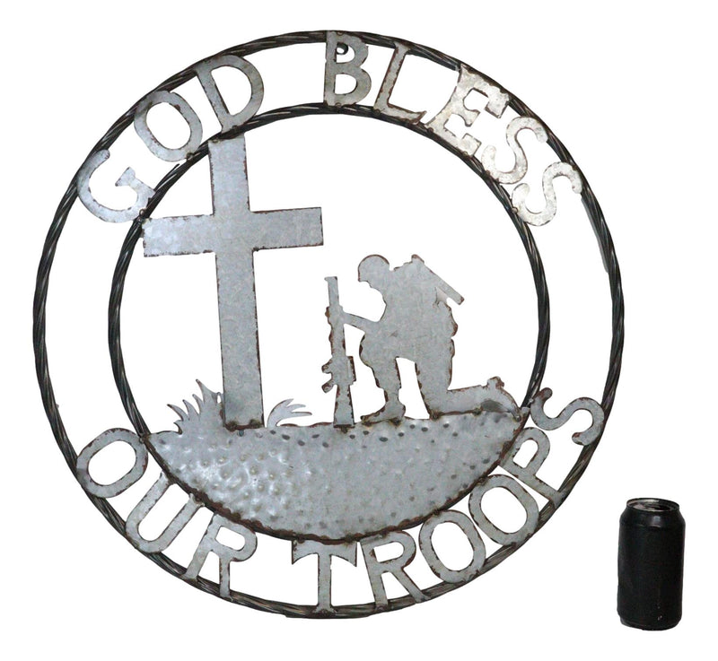 Large 24"D Rustic Western God Bless Our Troops Sign Metal Circle Wall Decor