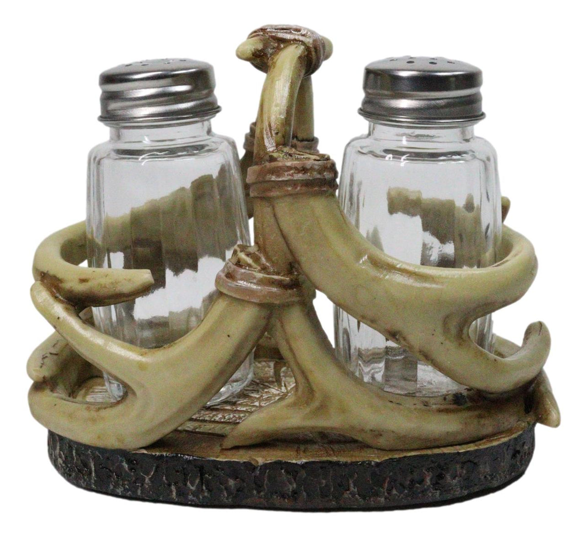 Western Entwined Stag Deer Antlers Glass Salt Pepper Shakers Holder Figurine Set