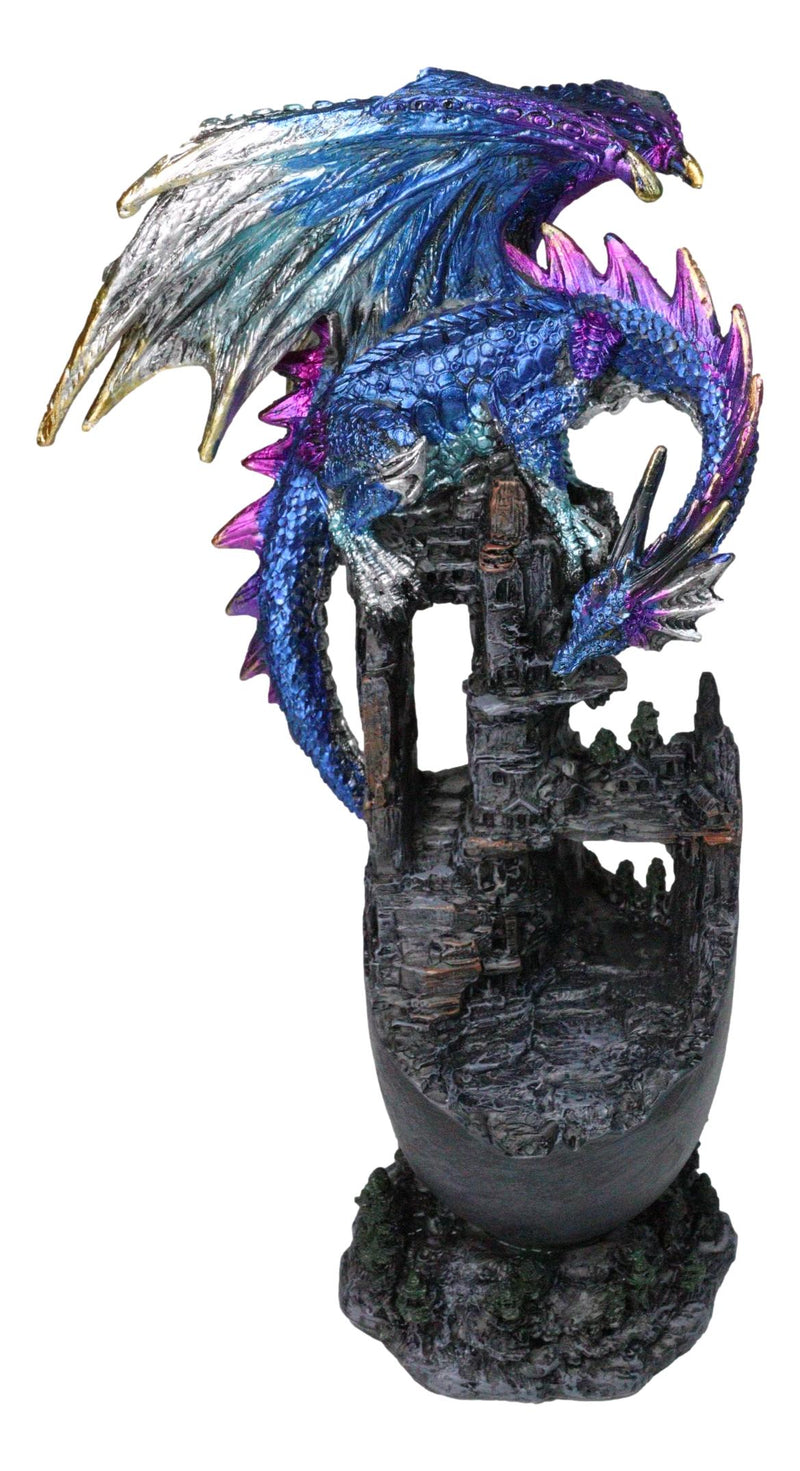 Medieval Blue Dragon Perching On Abandoned Castle Tower Ruins Figurine 12"H