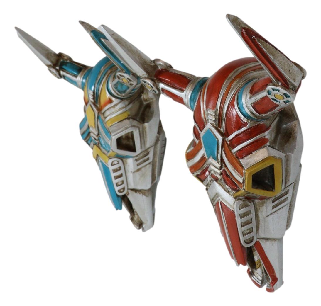 Set of 2 Red and Blue Western Robotic Cyborg Horned Cow Skull Wall Decors