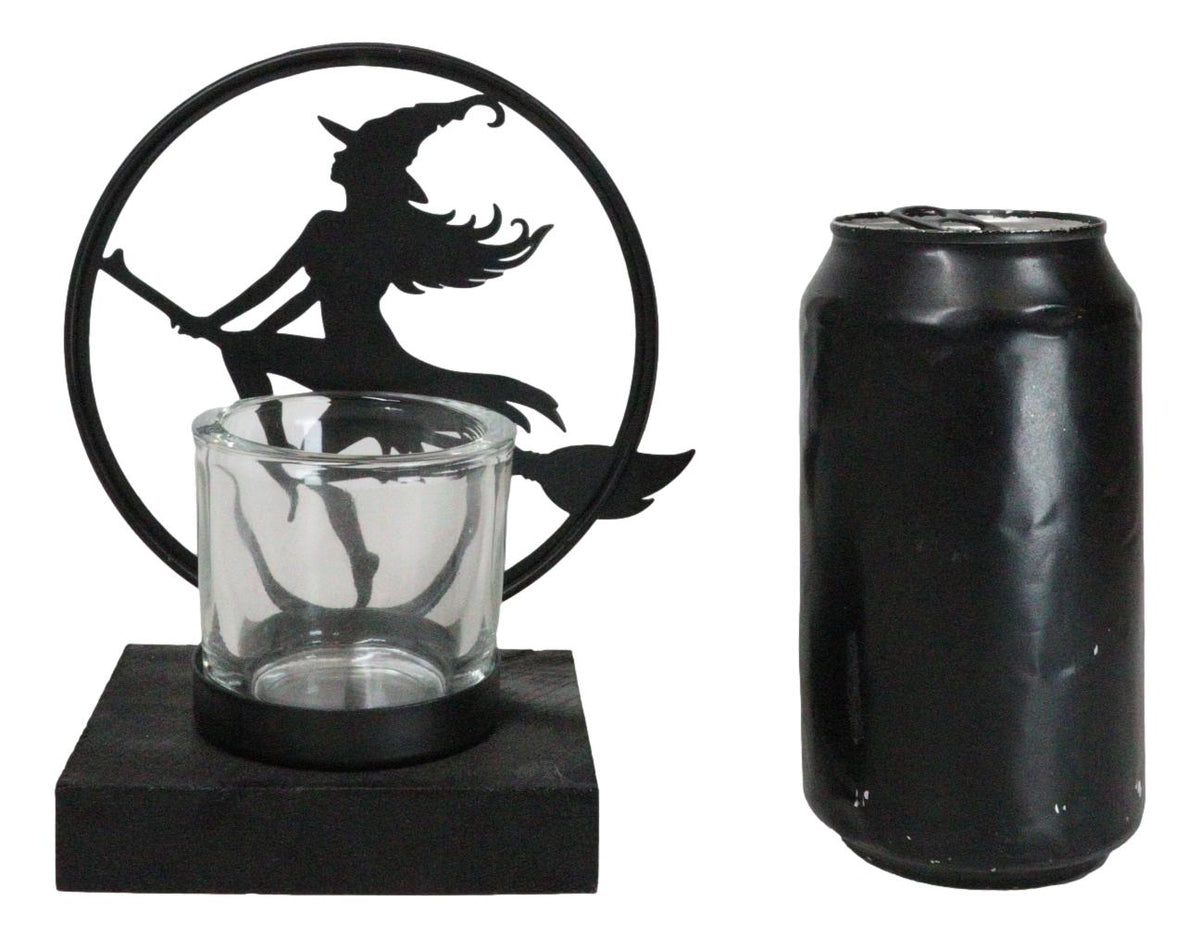 Wicca Grand High Witch Riding On Broomstick Coated Metal Votive Candle Holder