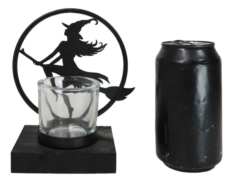Wicca Grand High Witch Riding On Broomstick Coated Metal Votive Candle Holder