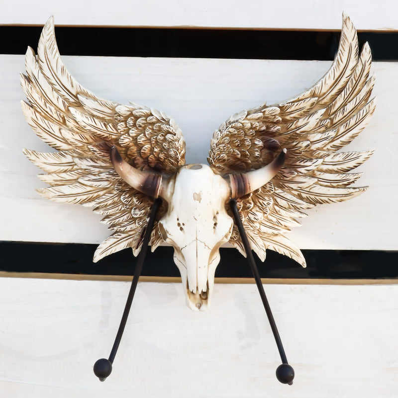 Rustic Western Cow Skull With Horns And Angel Wings Wall Double Hooks Sculpture