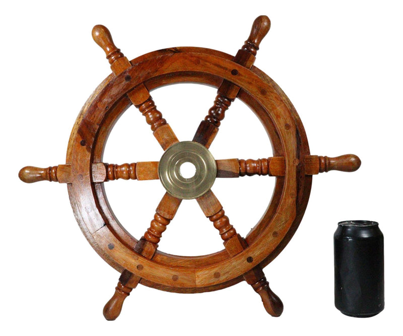 Nautical Marine Vintage Hardwood Wood & Brass Ship Steering Helm Boat Wheel 18"D