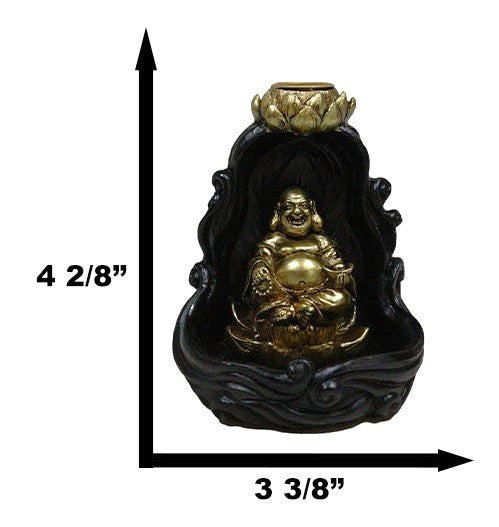 Golden Laughing Buddha Hotei On Black Cloud Lotus Backflow Incense Cone Burner