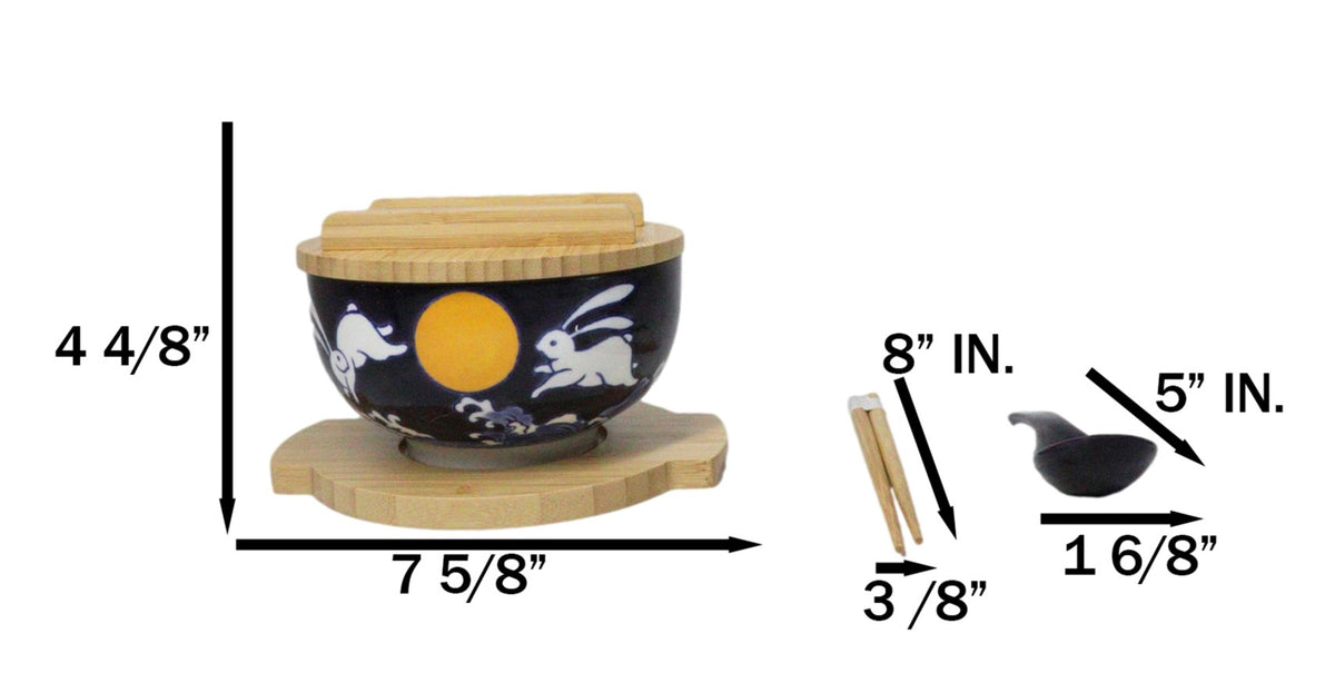 Yellow Moon White Rabbit Donburi Ramen Bowl With Lid Trivet Spoon Chopsticks Set