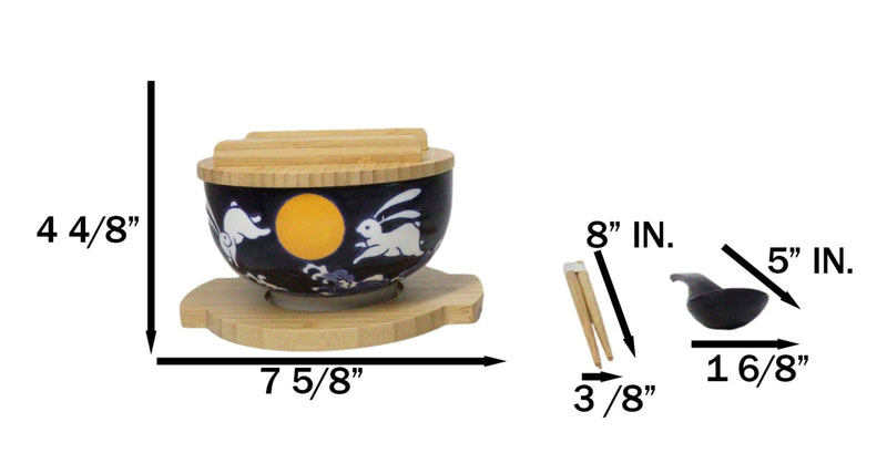 Yellow Moon White Rabbit Donburi Ramen Bowl With Lid Trivet Spoon Chopsticks Set