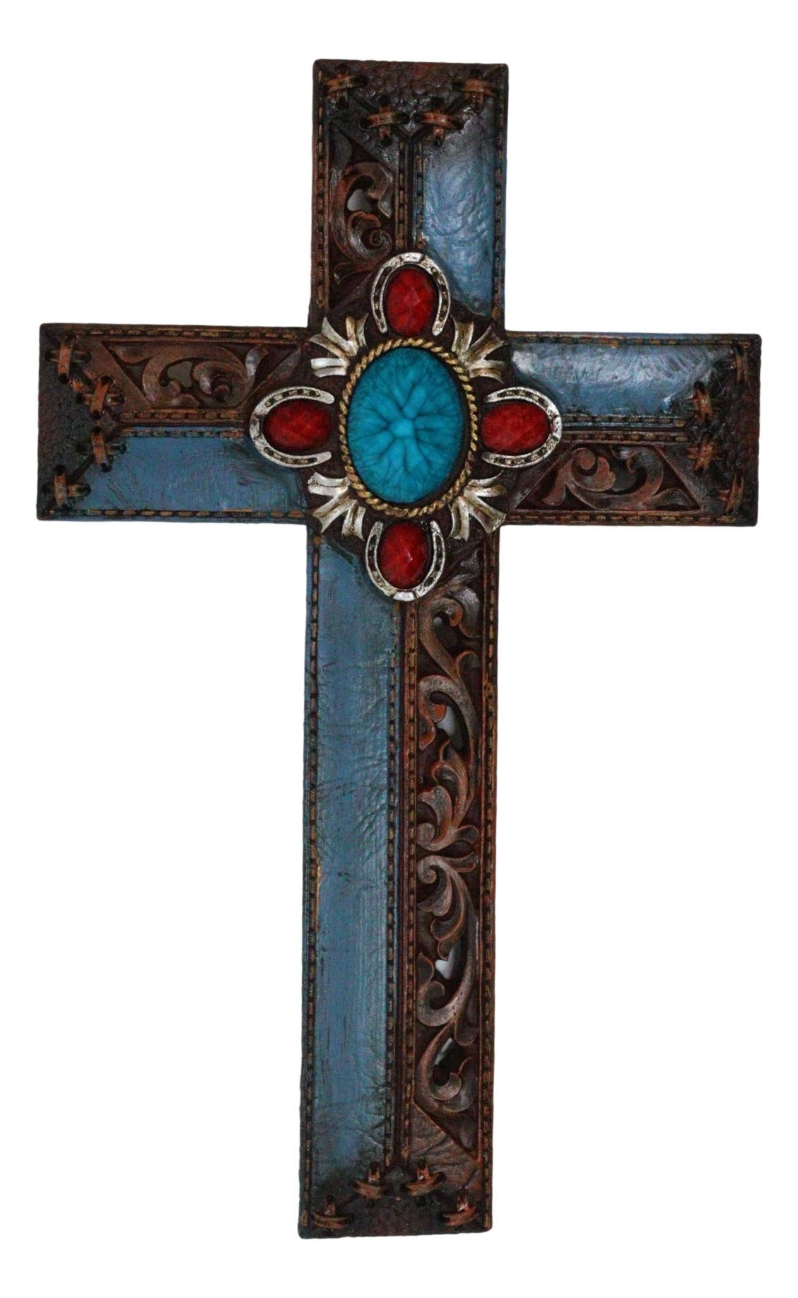 Pack Of 3 Rustic Western Tuscany Scrollwork Turquoise Amber Gems Wall Crosses