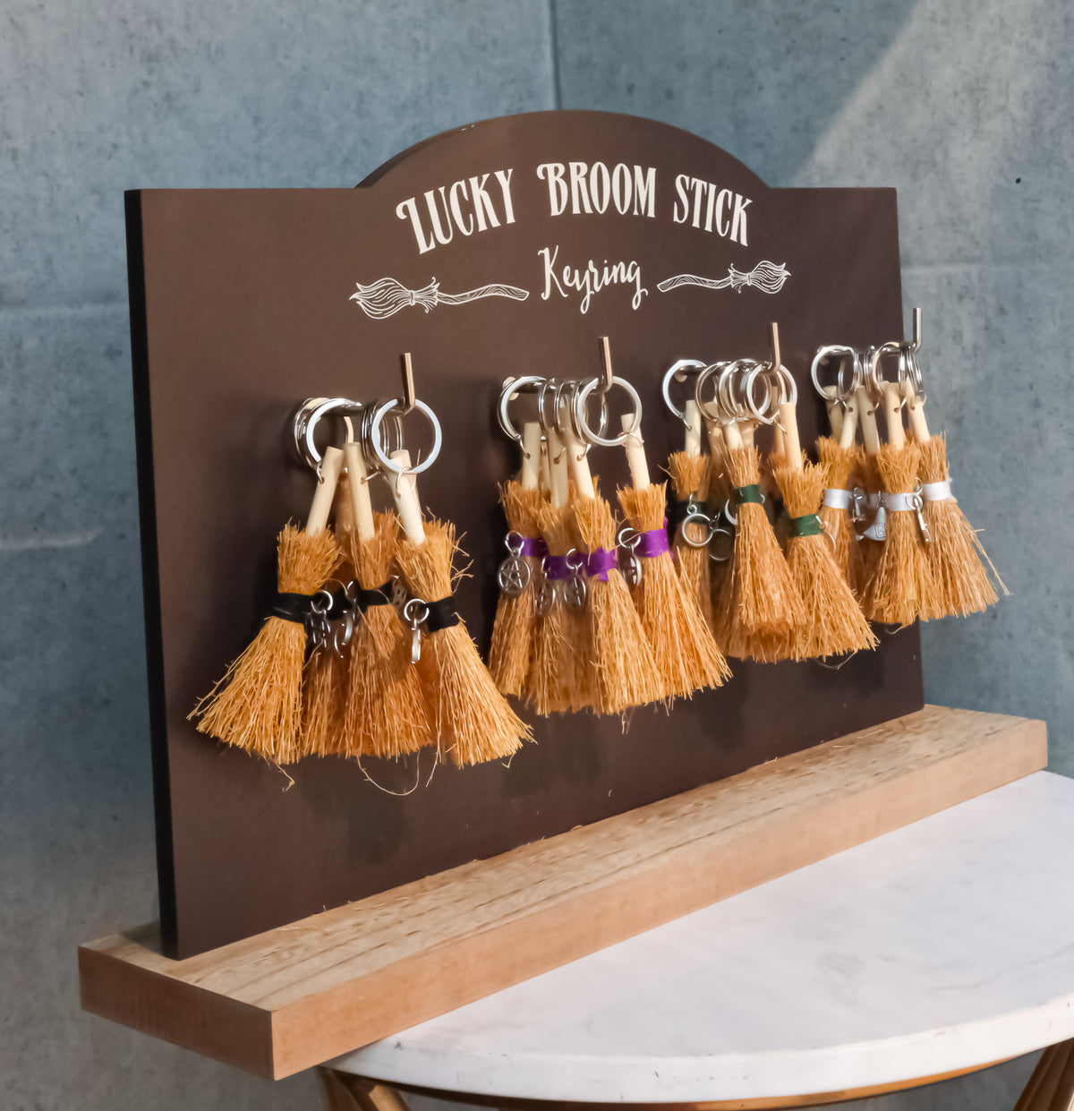 Triple Moon Pentagram Broomsticks Keyrings Key Chains Set Of 24 With MDF Display