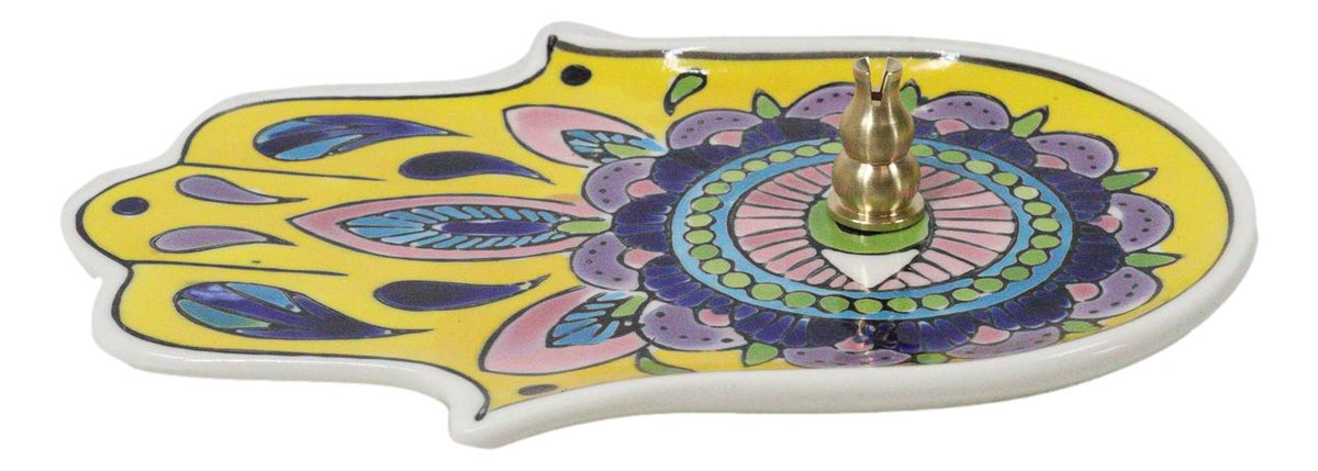 Yellow Chakra Hamsa Palm Mandala and Evil Eye Ceramic Dish Brass Incense Holder