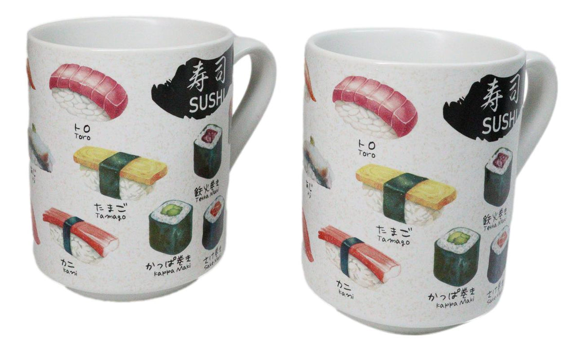 Set Of 2 Japanese Cuisine Sushi Sashimi And Rolls Textured Ceramic Mug Cups 11oz