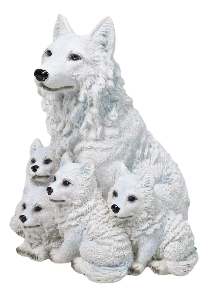 Winter Snow White Alpha Wolf Father With 4 Adorable Pup Cubs Figurine