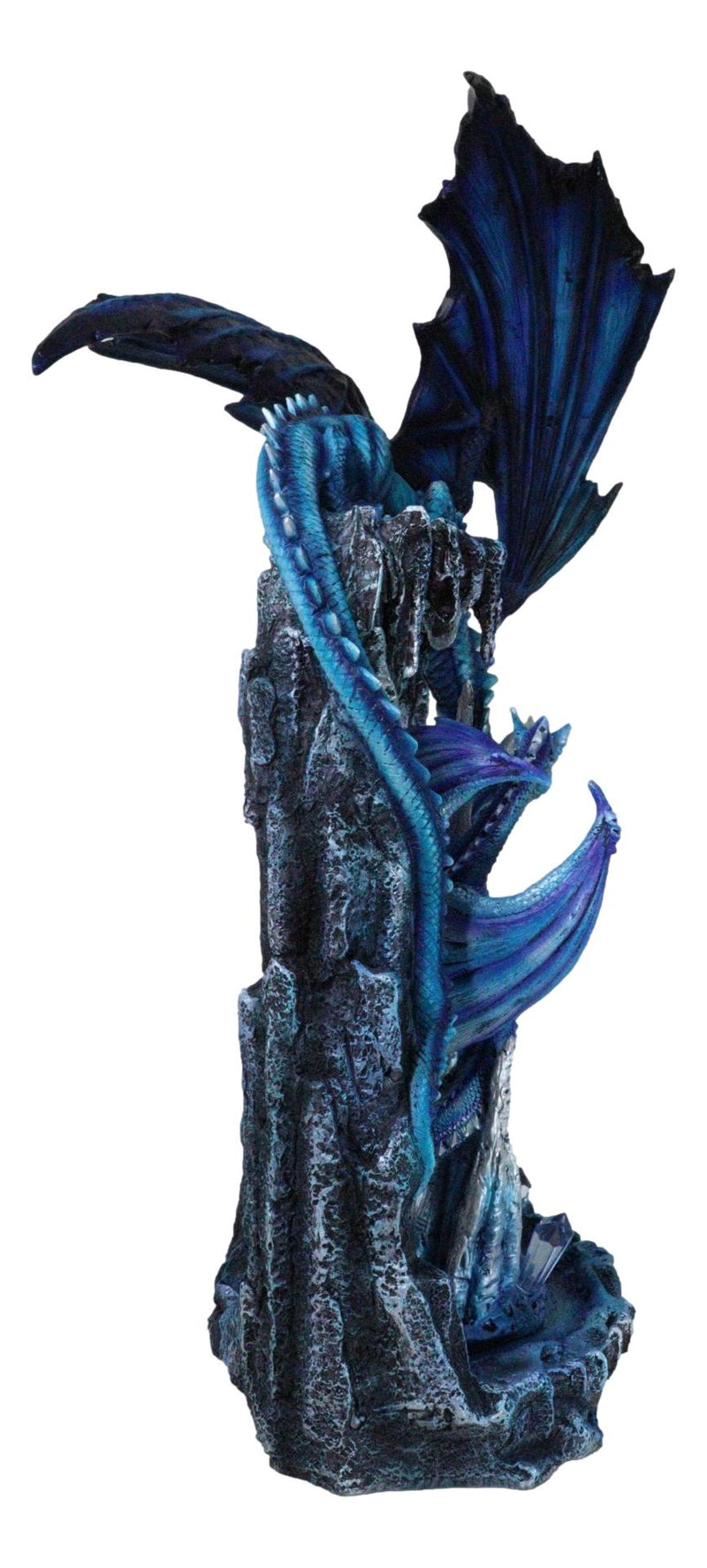 20"H Large Blue Frozen Dragon On Arch With Wyrmling By Ice Stalagmite Statue