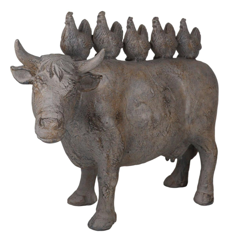 Rustic Vintage Farmhouse Chickens Hens Marching On Holstein Cow Back Figurine