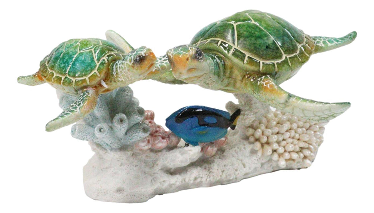 Green Sea Turtles Family Swimming By Coral Reef Sea Anemone Blue Fish Figurine