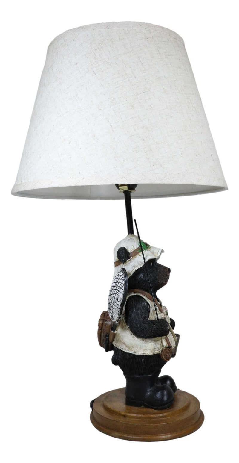 Camping Fisherman Angler Bear Going Fishing With Pole Net And Bucket Table Lamp