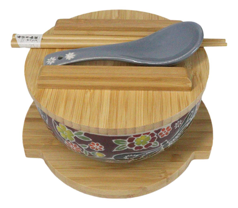 Maroon Tombo Dragonfly Donburi Ramen Bowl With Lid Trivet Spoon Chopsticks Set