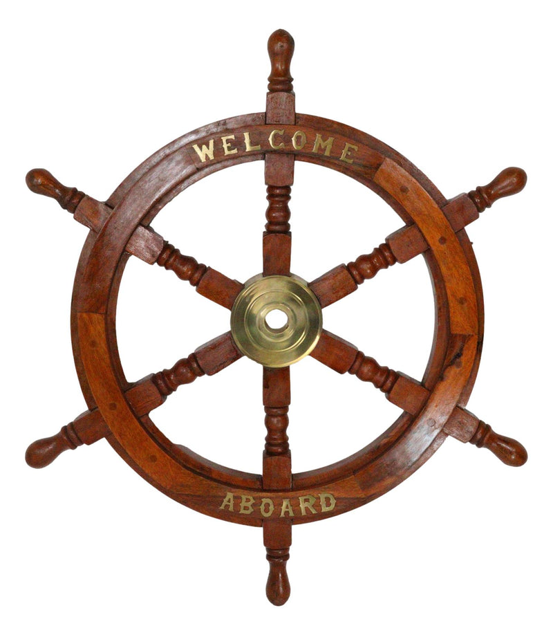 Nautical Marine Vintage Wood Brass Ship Steering Helm Boat Wheel Wall Decor 23"D