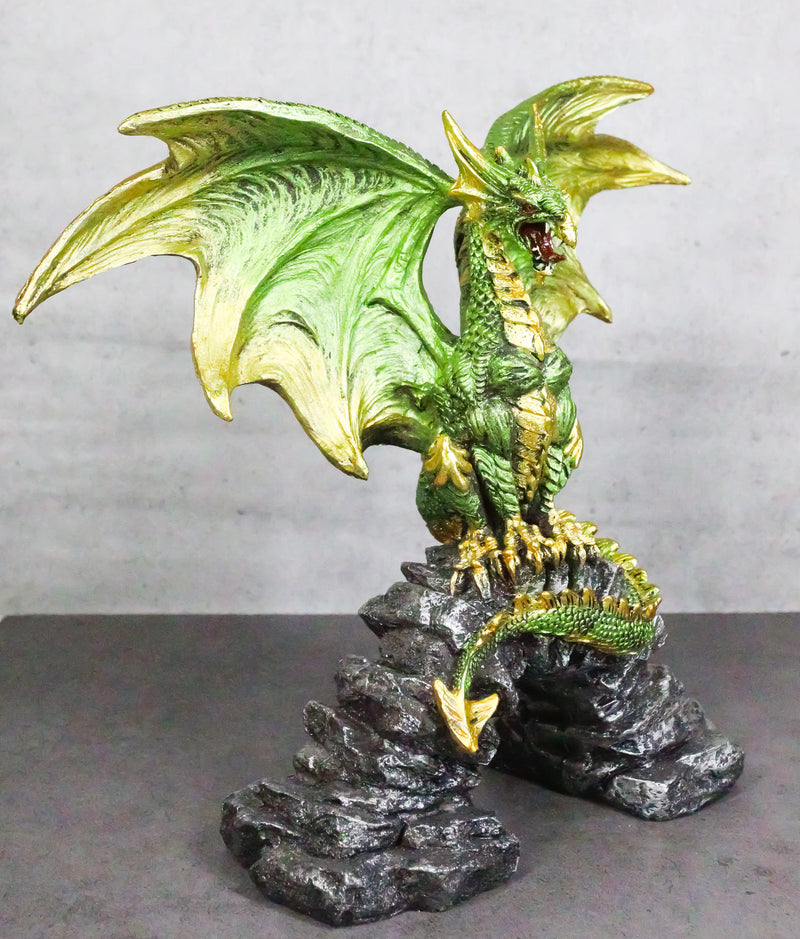 Green And Gold Scales Behemoth Dragon Perching On Ancient Rock Arch Figurine