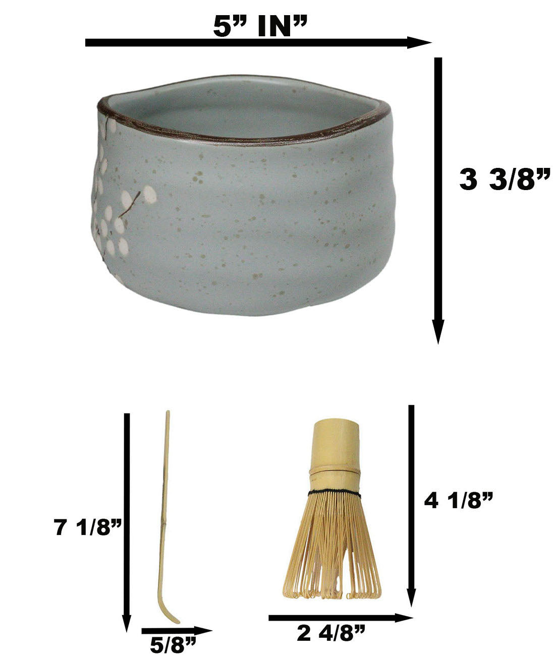 Plum Blue Sakura Blooms Ceramic Japanese Matcha Green Tea Bowl Whisk & Scoop Set