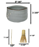 Plum Blue Sakura Blooms Ceramic Japanese Matcha Green Tea Bowl Whisk & Scoop Set