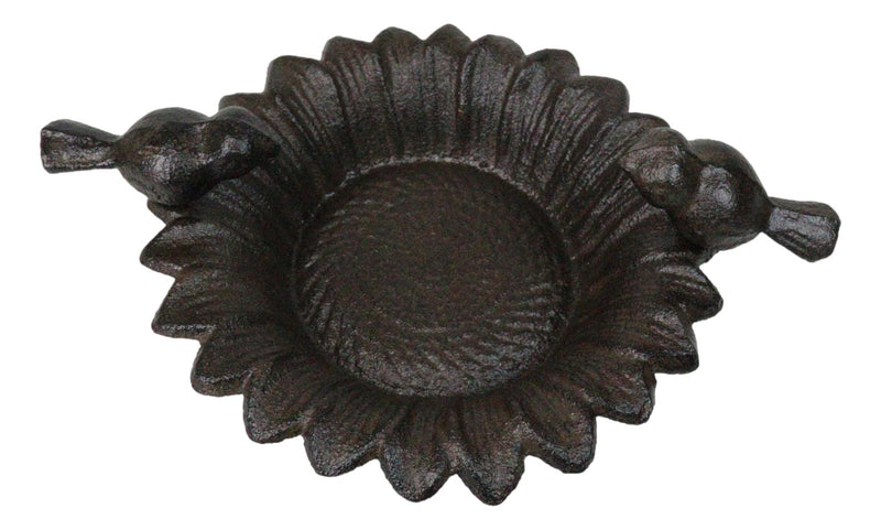 Small Rustic Cast Iron Lovebirds Perching On Sunflower Garden Bird Feeder Bath