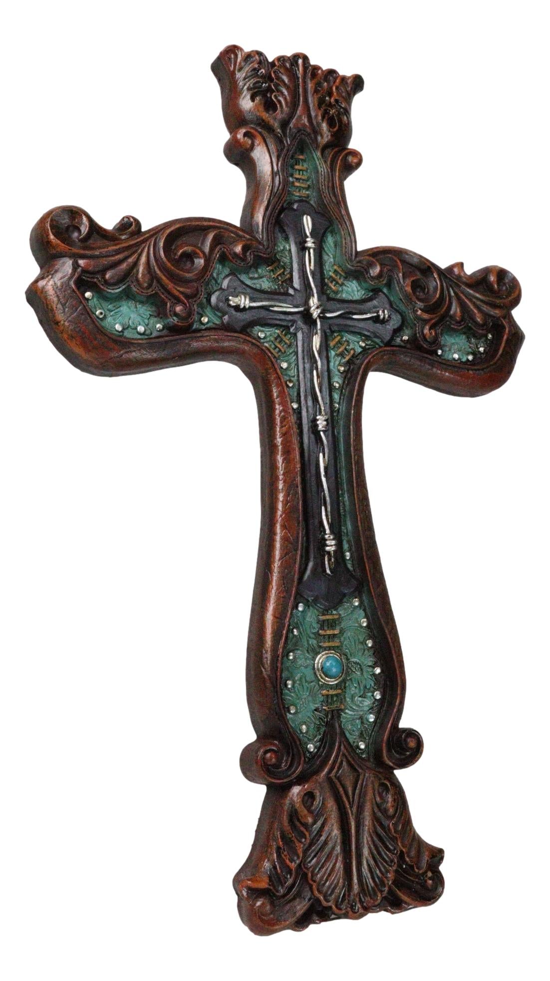 Rustic Faux Wood Carving Floral Scroll With Layered Barbed Wires Wall Cross