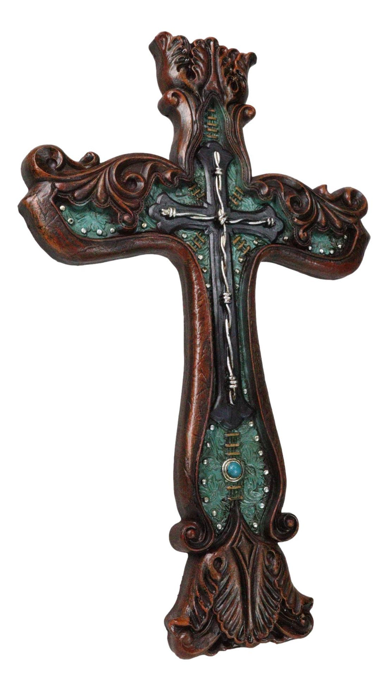Rustic Faux Wood Carving Floral Scroll With Layered Barbed Wires Wall Cross