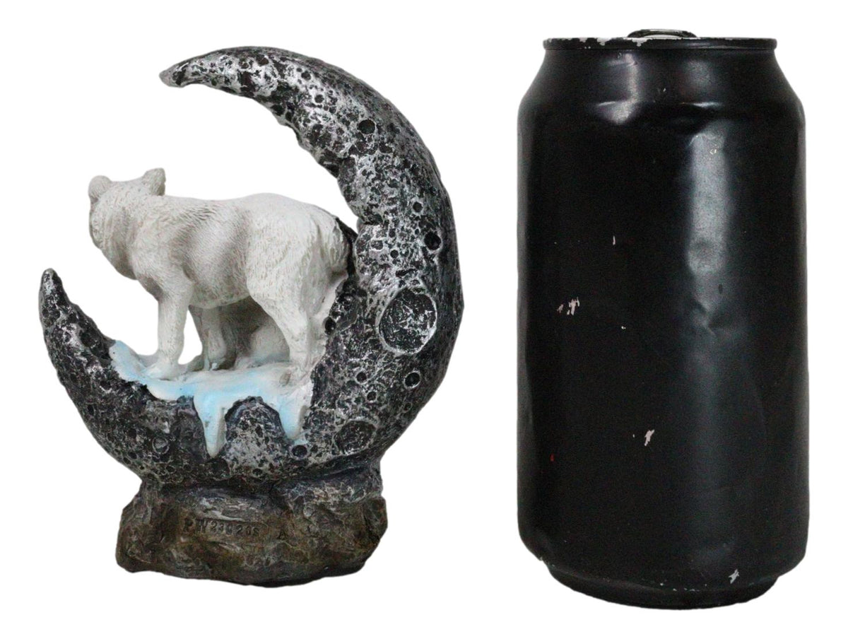 Winter Snow White Wolf With Pup Cub By Snowy Crater Crescent Moon Figurine