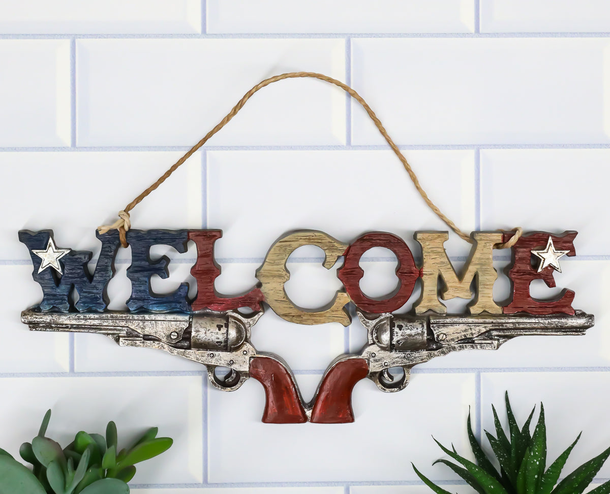 Rustic Western Texas Lone Star Dual Revolver Pistols Welcome Sign Wall Decor