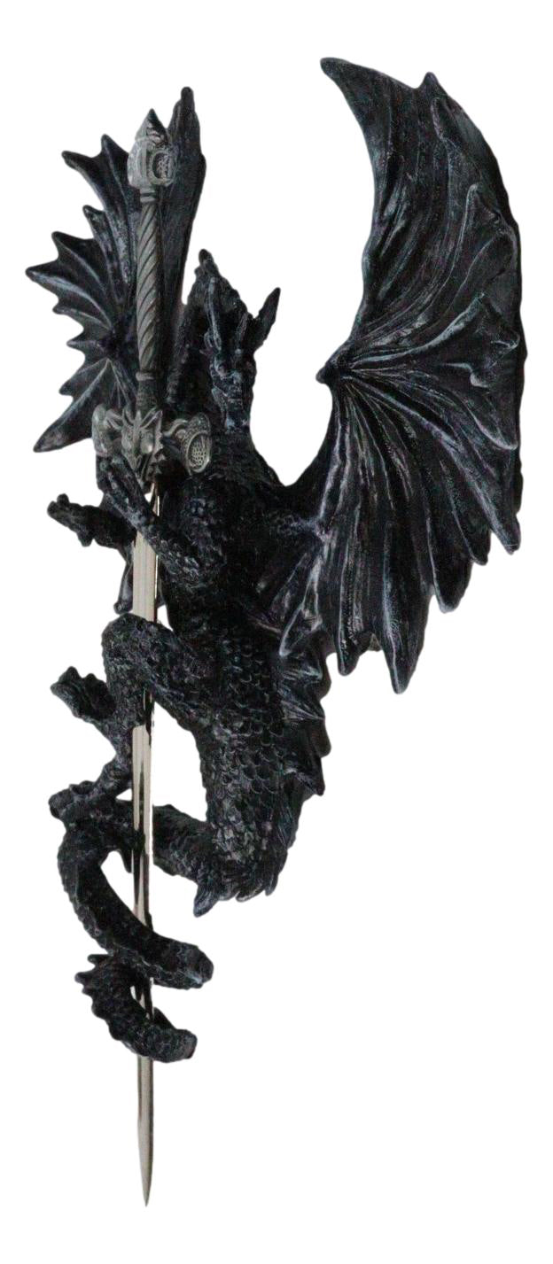 Gothic Black Winged Dragon Wall Plaque with Removable Medieval Sword – 12-Inch