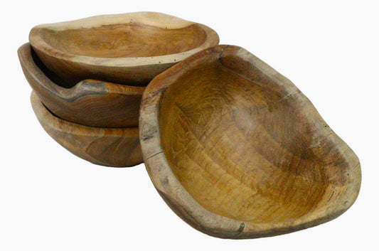 Pack Of 4 Hand Carved Rustic Live Edge Teak Wood Serveware Small Bowls 8"D