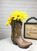 Western Yellow Butterfly and Flowers Faux Leather Cowgirl Boot Vase Figurine