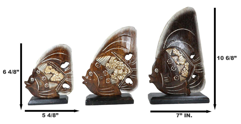 Balinese Wood Handicrafts Tribal Patterned Angel Fish Family Set of 3 Figurines