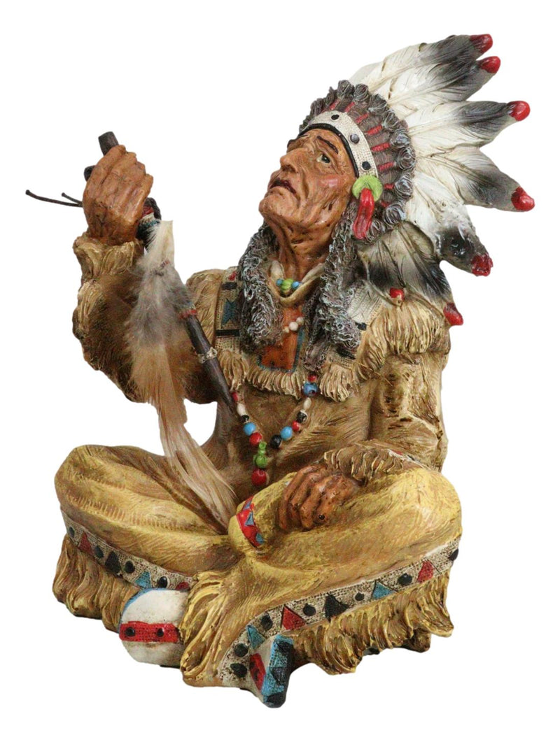 Tribal Indian Tribal Chief With Headdress Roach Smoking Peace Pipe Figurine