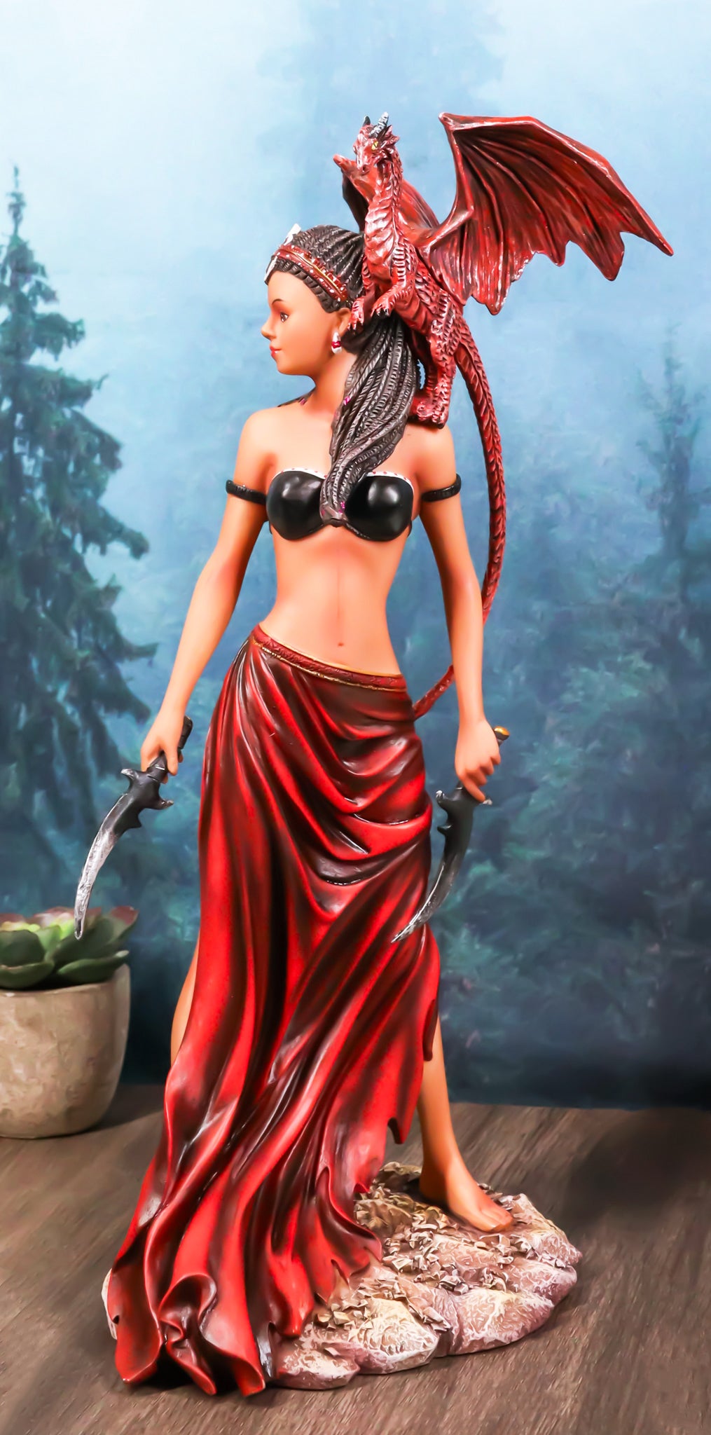 Tribal Warrior Dragon Witch Ebony Princess Meike Holding Falcata Blades Statue