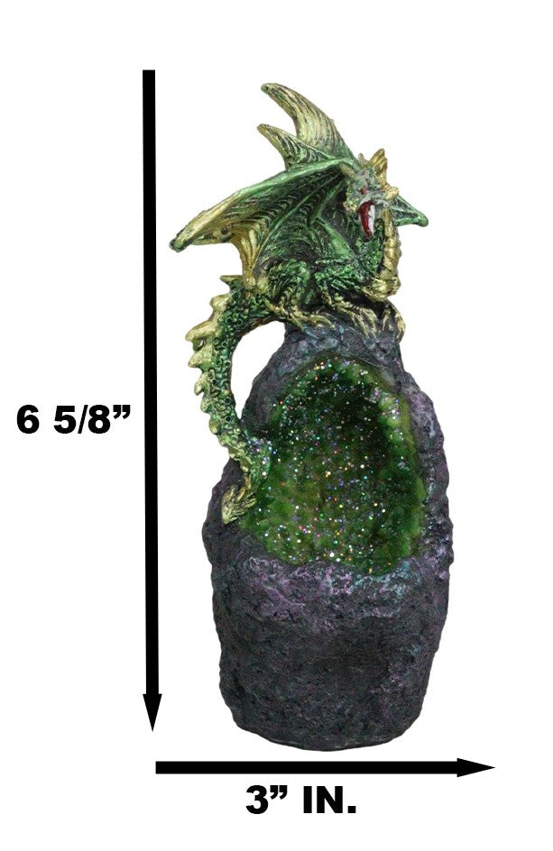 Metallic Green Gold Meteorite Dragon On Faux Geode Crystal Cavern Rock Figurine