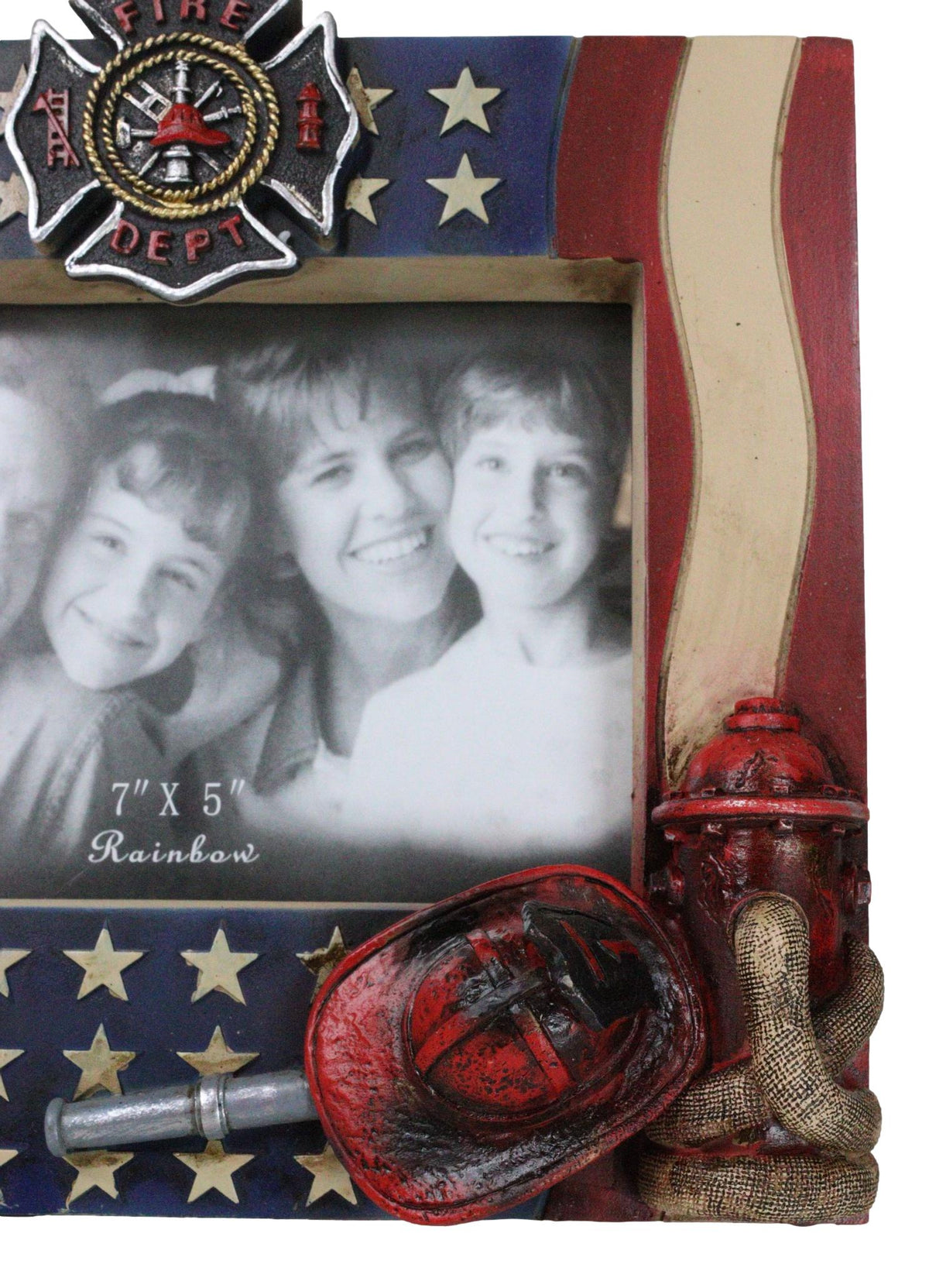 Patriotic Maltese Cross Fireman Helmet Hose Fire Hydrant USA Flag Picture Frame - Ebros Gift