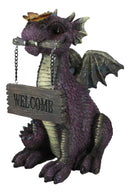 Whimsical Purple Garden Dragon With Butterfly Biting Welcome Plank Sign Figurine