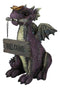 Whimsical Purple Garden Dragon With Butterfly Biting Welcome Plank Sign Figurine