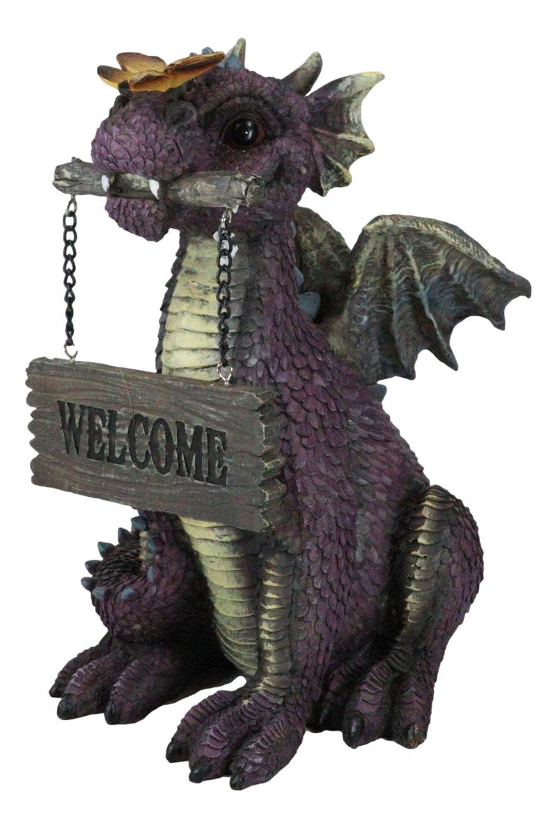 Whimsical Purple Garden Dragon With Butterfly Biting Welcome Plank Sign Figurine