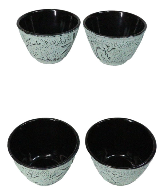 Mint Green Bamboo Etching Japanese Tetsubin Style Cast Iron Tea Cups Set of 4