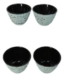 Mint Green Bamboo Etching Japanese Tetsubin Style Cast Iron Tea Cups Set of 4